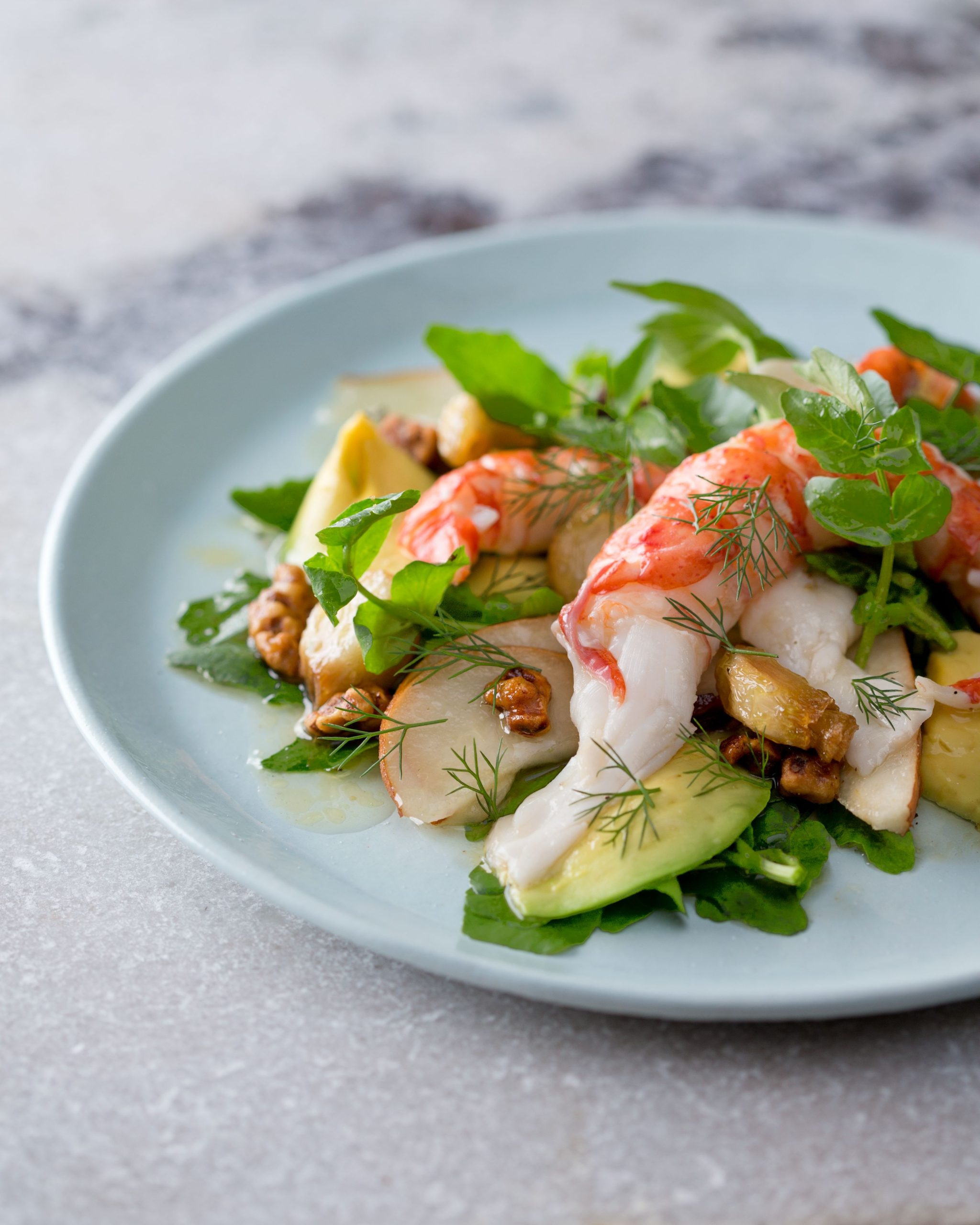 Marron, roasted walnut, avocado and pear salad